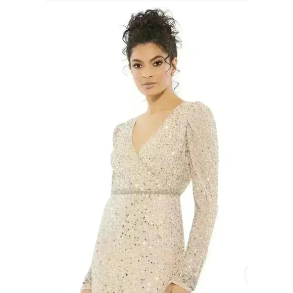 MAC DUGGAL SEQUINED FLORAL EMBELLISHED LONG SLEEVE GOWN 14 Puff Shoulder Dress L - Picture 3 of 11